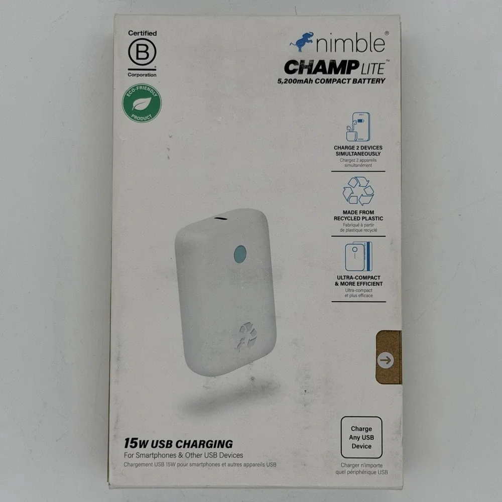 Nimble Champ Lite Fast Charging Power Bank Portable White 15W 5200mAh w/ Cable